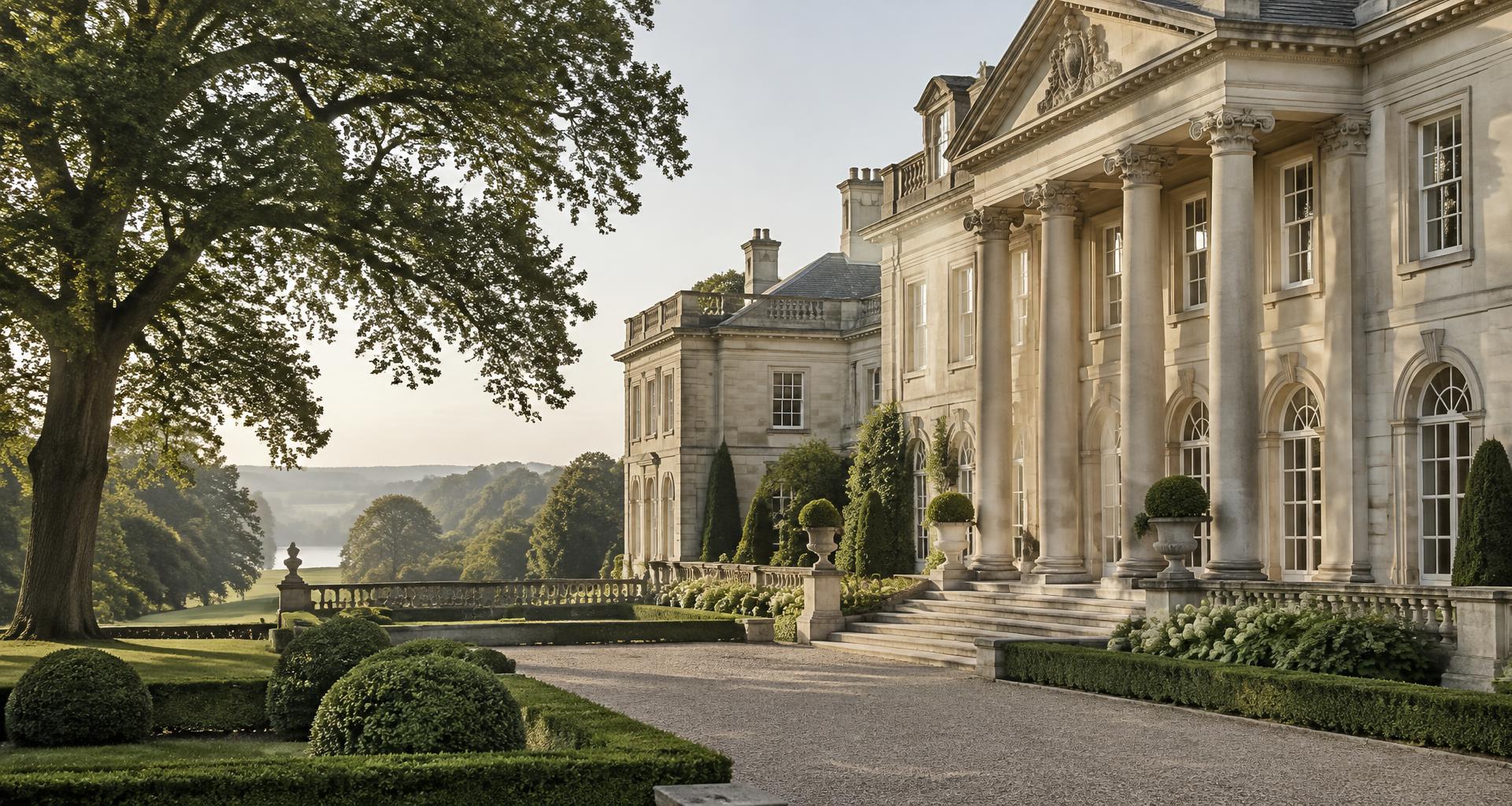 Classical limestone estate framed by mature trees and formal gardens