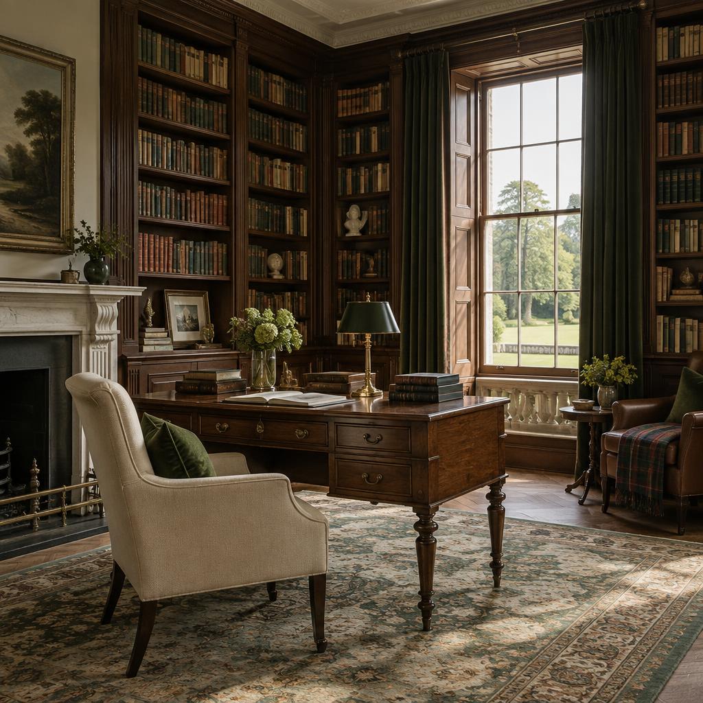 A quiet traditional library with walnut bookcases and natural light