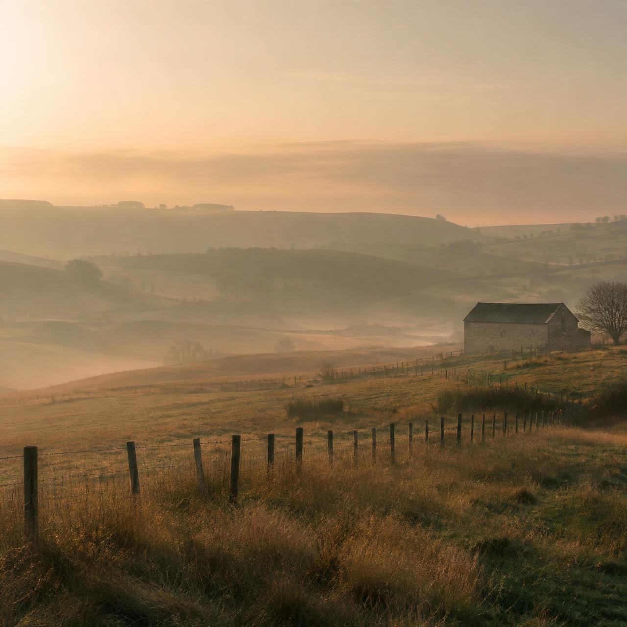Rolling pastoral land at dawn